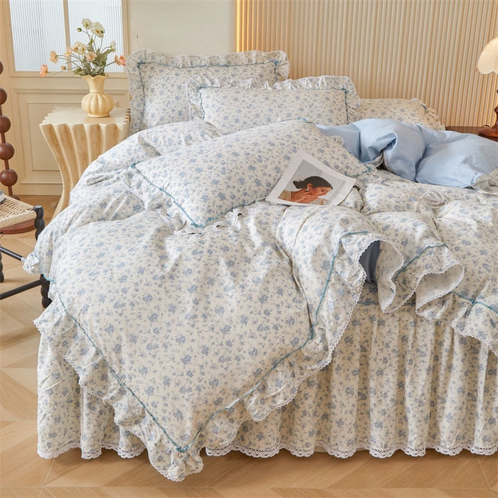 91家纺网 家纺一手货源 找家纺 缦彩 2025新款韩版公主风100%纯棉床裙四件套全棉花边床单床罩套件 海韵花