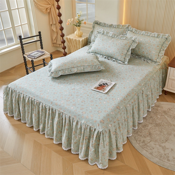 91家纺网 家纺一手货源 找家纺 缦彩 2025新款韩版公主风100%纯棉床裙四件套全棉花边床单床罩套件 贝丽花都