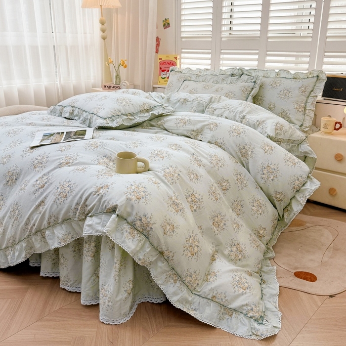 91家纺网 家纺一手货源 找家纺 缦彩 2025新款韩版公主风100%纯棉床裙四件套全棉花边床单床罩套件 清韵-蓝