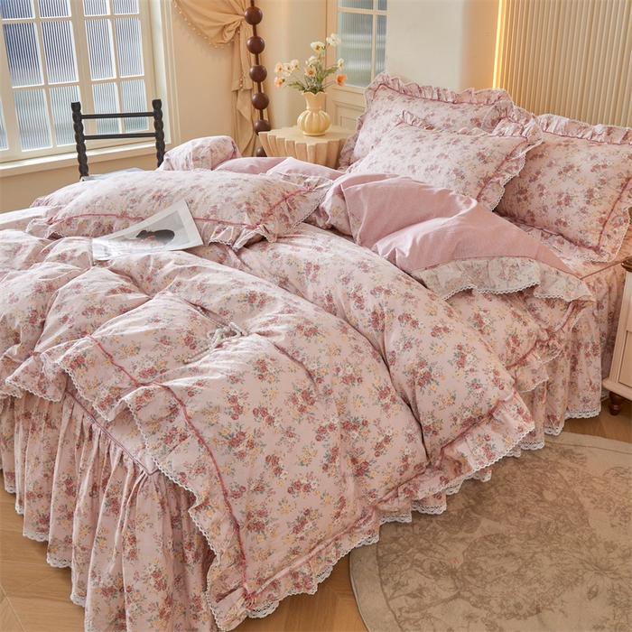 91家纺网 家纺一手货源 找家纺 缦彩 2025新款韩版公主风100%纯棉床裙四件套全棉花边床单床罩套件 缤纷绮梦