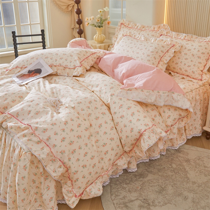 91家纺网 家纺一手货源 找家纺 缦彩 2025新款韩版公主风100%纯棉床裙四件套全棉花边床单床罩套件 夕颜