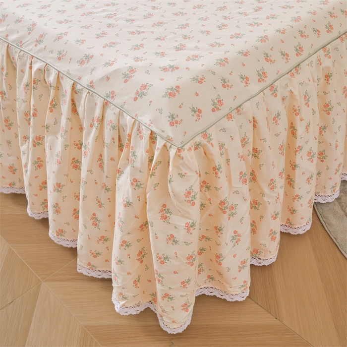 91家纺网 家纺一手货源 找家纺 缦彩 2025新款韩版公主风100%纯棉床裙四件套全棉花边床单床罩套件 夕颜