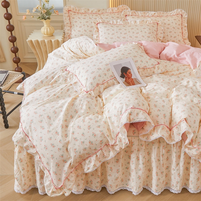 91家纺网 家纺一手货源 找家纺 缦彩 2025新款韩版公主风100%纯棉床裙四件套全棉花边床单床罩套件 夕颜