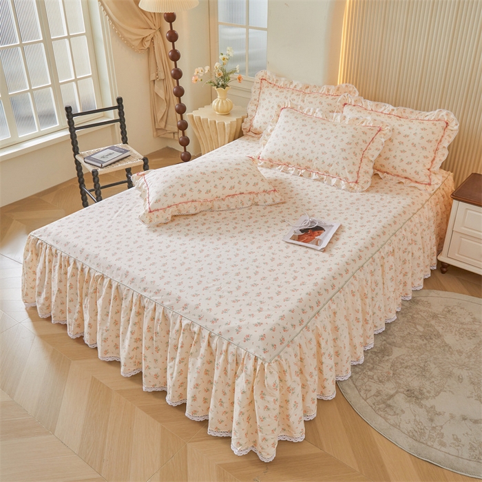 91家纺网 家纺一手货源 找家纺 缦彩 2025新款韩版公主风100%纯棉床裙四件套全棉花边床单床罩套件 夕颜