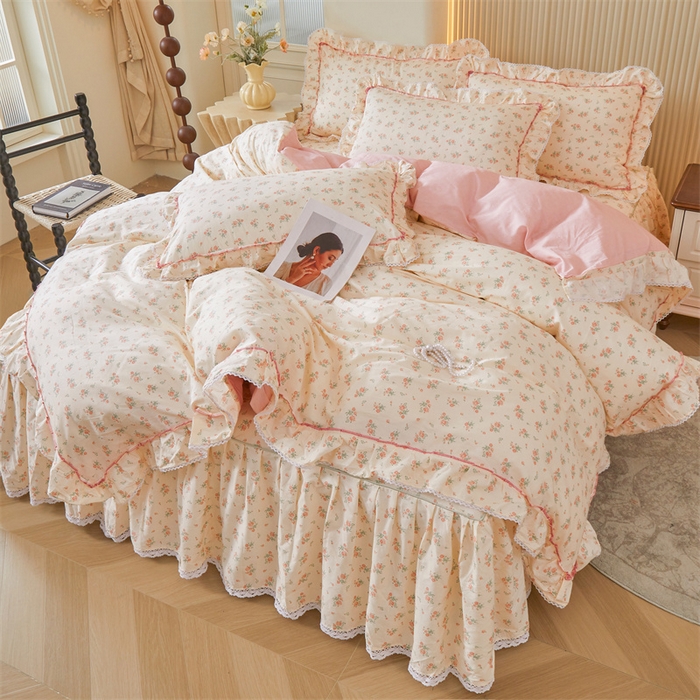 91家纺网 家纺一手货源 找家纺 缦彩 2025新款韩版公主风100%纯棉床裙四件套全棉花边床单床罩套件 夕颜