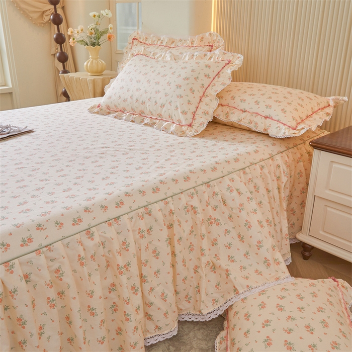 91家纺网 家纺一手货源 找家纺 缦彩 2025新款韩版公主风100%纯棉床裙四件套全棉花边床单床罩套件 夕颜