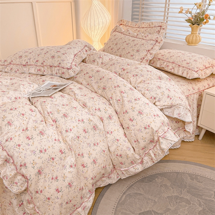 91家纺网 家纺一手货源 找家纺 缦彩 2025新款韩版公主风100%纯棉床裙四件套全棉花边床单床罩套件 雾岛听风