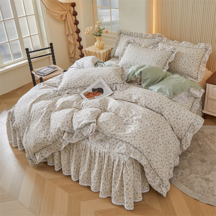 91家纺网 家纺一手货源 找家纺 缦彩 2025新款韩版公主风100%纯棉床裙四件套全棉花边床单床罩套件 春野