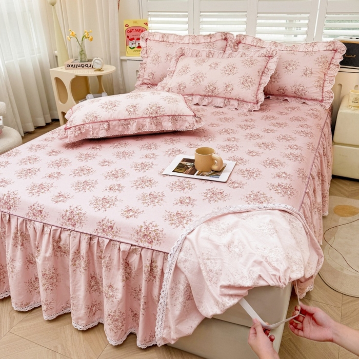 91家纺网 家纺一手货源 找家纺 缦彩 2025新款韩版公主风100%纯棉床裙四件套全棉花边床单床罩套件 清韵-粉
