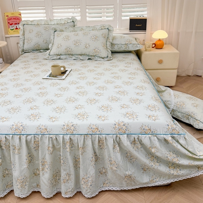 91家纺网 家纺一手货源 找家纺 缦彩 2025新款韩版公主风100%纯棉床裙四件套全棉花边床单床罩套件 清韵-蓝