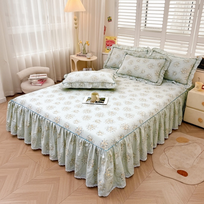 91家纺网 家纺一手货源 找家纺 缦彩 2025新款韩版公主风100%纯棉床裙四件套全棉花边床单床罩套件 清韵-蓝