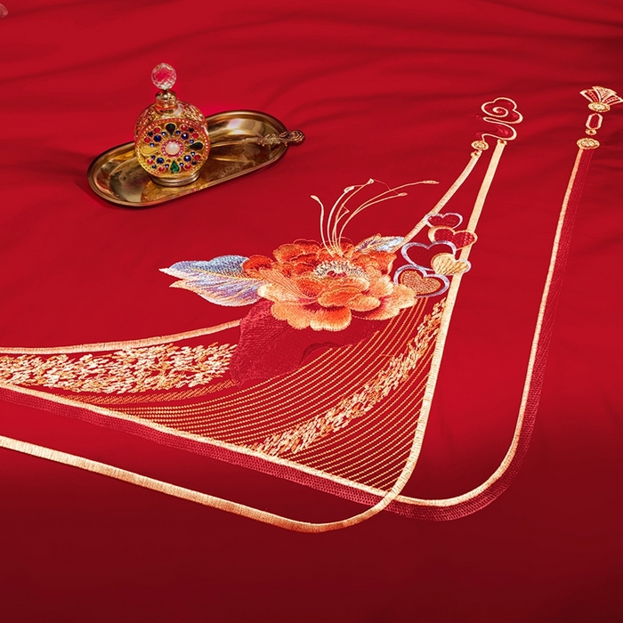 91家纺网 家纺一手货源 找家纺 柏拉图 2025新款100s长绒棉纯棉贡缎提花婚庆系列四件套多件套3 情定花开