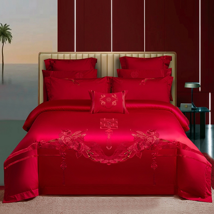 91家纺网 家纺一手货源 找家纺 柏拉图 2025新款100s长绒棉纯棉贡缎提花婚庆系列四件套多件套3 朵朵爱恋红