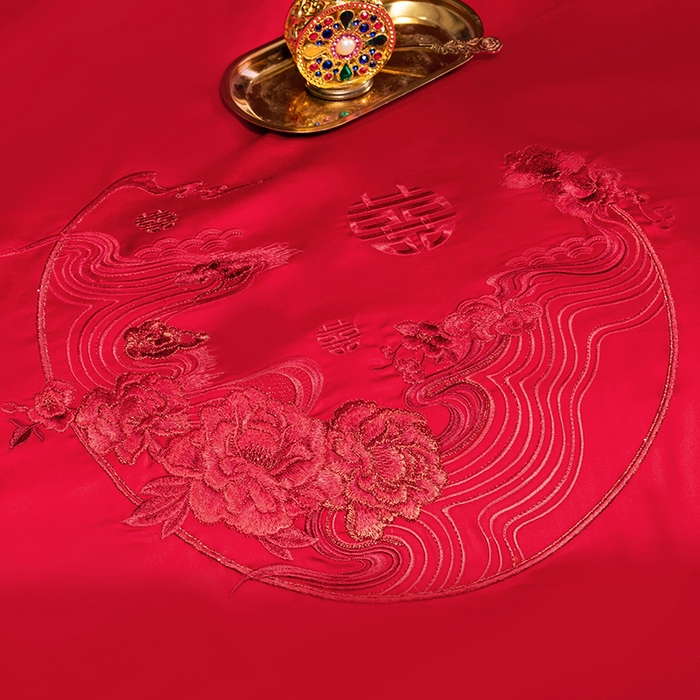 91家纺网 家纺一手货源 找家纺 柏拉图 2025新款100s长绒棉纯棉贡缎提花婚庆系列四件套多件套3 花烛红妆红