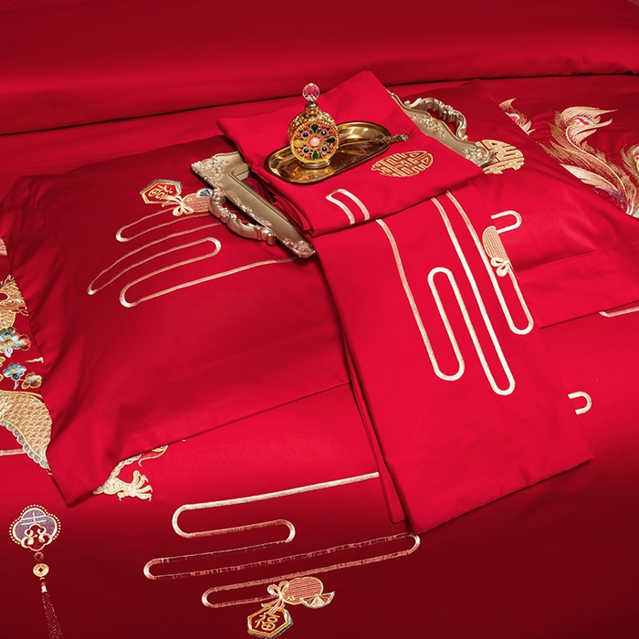 91家纺网 家纺一手货源 找家纺 柏拉图 2025新款100s长绒棉纯棉贡缎提花婚庆系列四件套多件套3 乘龙配凤