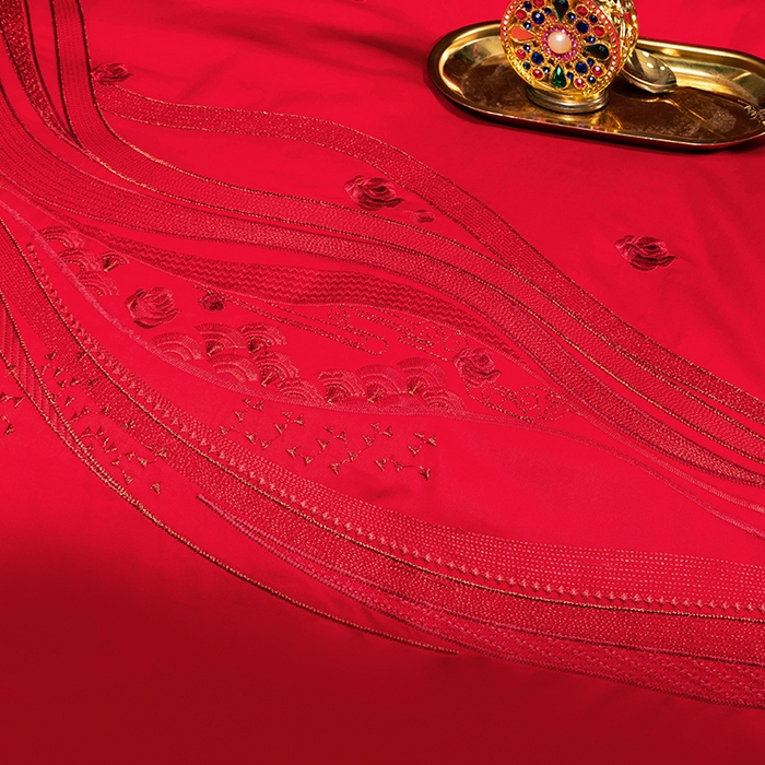 91家纺网 家纺一手货源 找家纺 柏拉图 2025新款100s长绒棉纯棉贡缎提花婚庆系列四件套多件套3 花烛红妆红