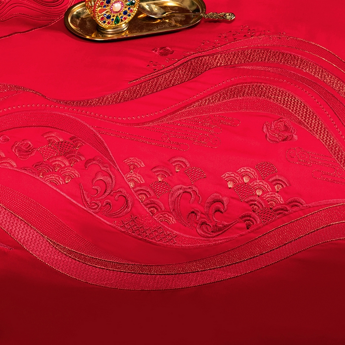 91家纺网 家纺一手货源 找家纺 柏拉图 2025新款100s长绒棉纯棉贡缎提花婚庆系列四件套多件套3 花烛红妆红