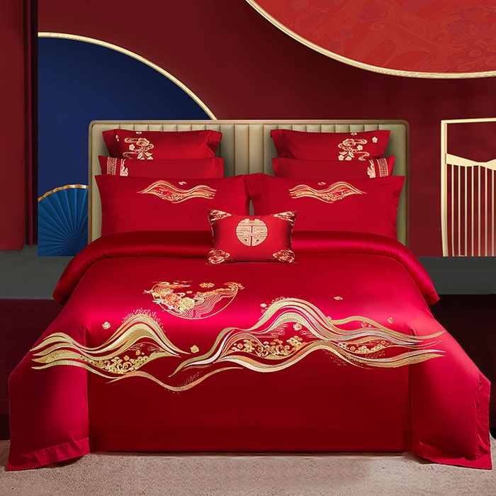 91家纺网 家纺一手货源 找家纺 柏拉图 2025新款100s长绒棉纯棉贡缎提花婚庆系列四件套多件套3 花烛红妆