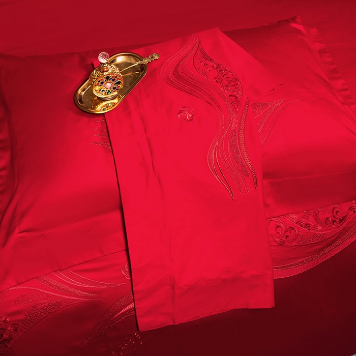 91家纺网 家纺一手货源 找家纺 柏拉图 2025新款100s长绒棉纯棉贡缎提花婚庆系列四件套多件套3 花烛红妆红