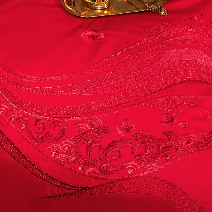 91家纺网 家纺一手货源 找家纺 柏拉图 2025新款100s长绒棉纯棉贡缎提花婚庆系列四件套多件套3 花烛红妆红