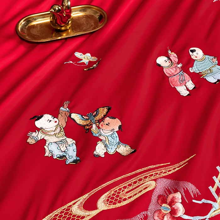 91家纺网 家纺一手货源 找家纺 柏拉图 2025新款100s长绒棉纯棉贡缎提花婚庆系列四件套多件套3 百子添福