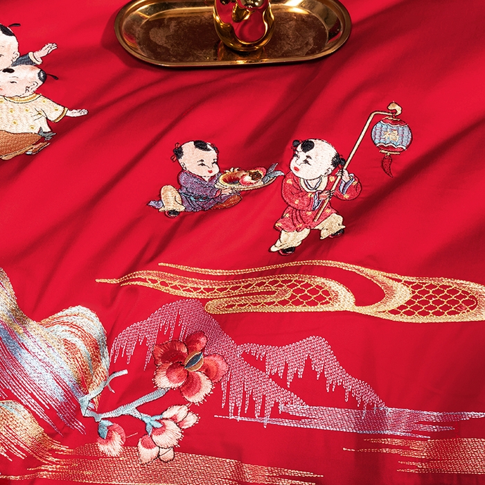 91家纺网 家纺一手货源 找家纺 柏拉图 2025新款100s长绒棉纯棉贡缎提花婚庆系列四件套多件套3 百子添福