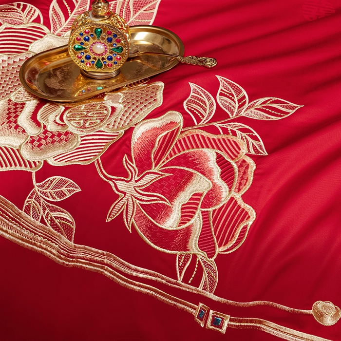 91家纺网 家纺一手货源 找家纺 柏拉图 2025新款100s长绒棉纯棉贡缎提花婚庆系列四件套多件套3 缘定一生