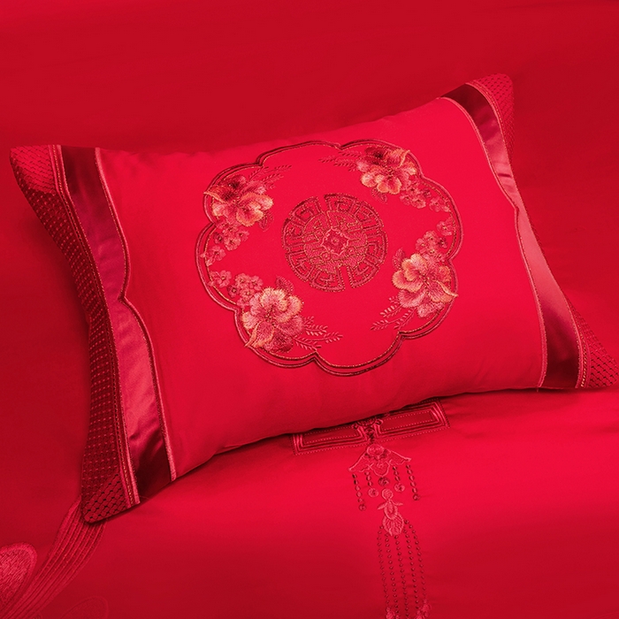 91家纺网 家纺一手货源 找家纺 柏拉图 2025新款100s长绒棉纯棉贡缎提花婚庆系列四件套多件套3 朵朵爱恋红