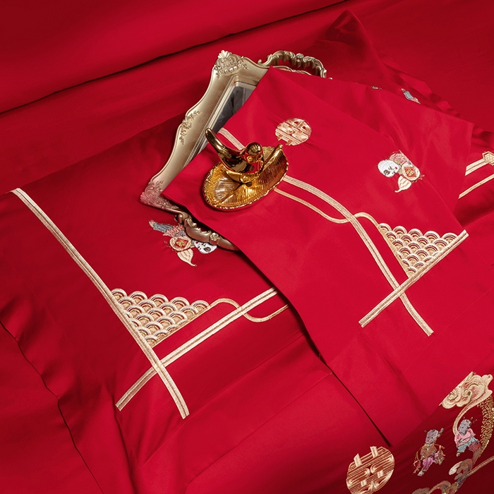 91家纺网 家纺一手货源 找家纺 柏拉图 2025新款100s长绒棉纯棉贡缎提花婚庆系列四件套多件套3 百子旺福