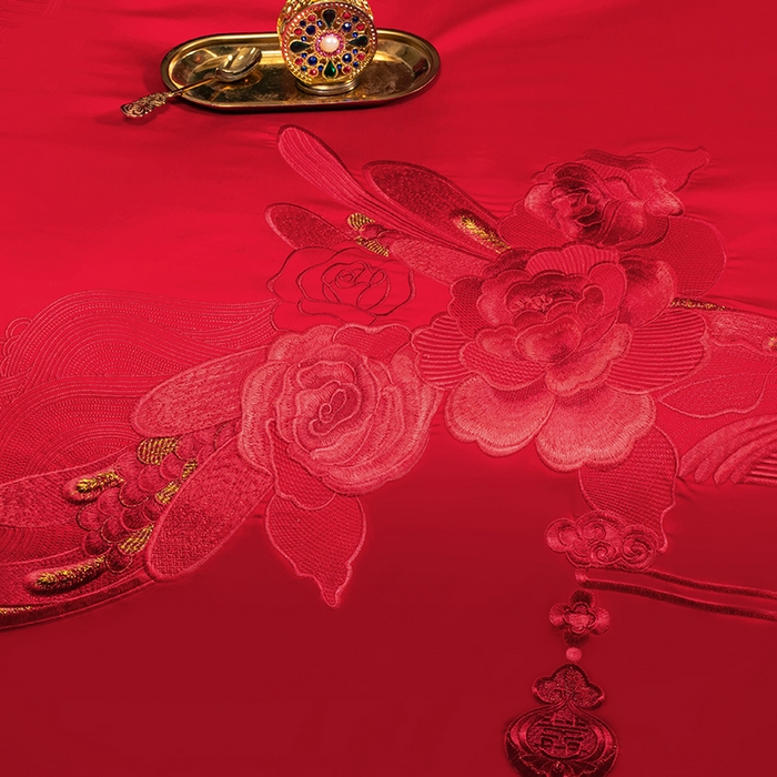 91家纺网 家纺一手货源 找家纺 柏拉图 2025新款100s长绒棉纯棉贡缎提花婚庆系列四件套多件套3 朵朵爱恋红