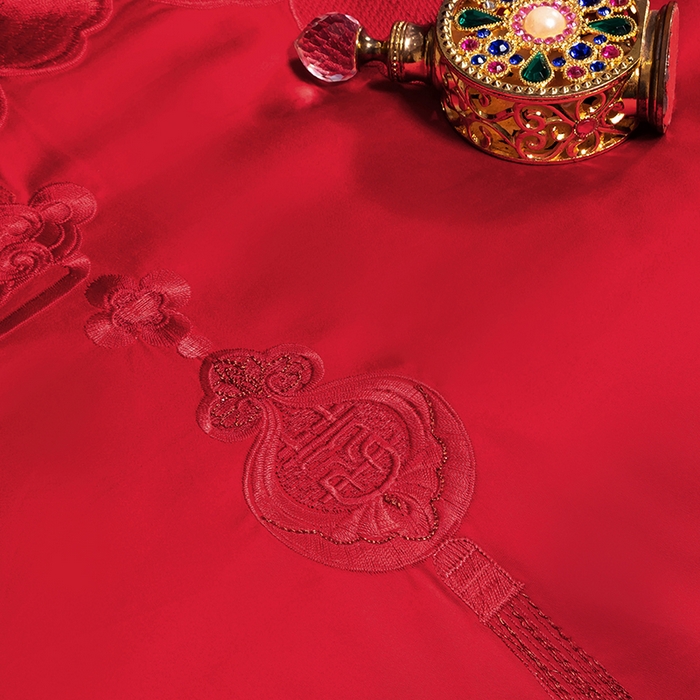 91家纺网 家纺一手货源 找家纺 柏拉图 2025新款100s长绒棉纯棉贡缎提花婚庆系列四件套多件套3 朵朵爱恋红