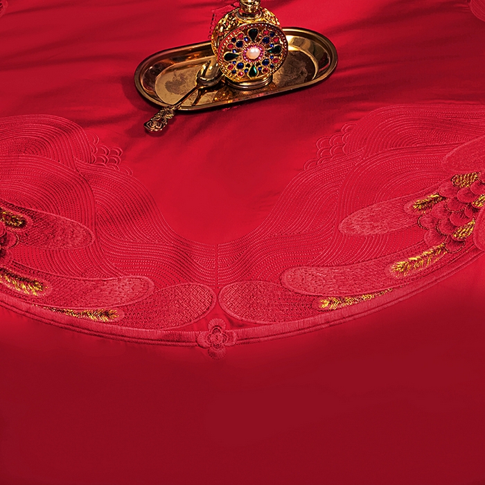 91家纺网 家纺一手货源 找家纺 柏拉图 2025新款100s长绒棉纯棉贡缎提花婚庆系列四件套多件套3 朵朵爱恋红