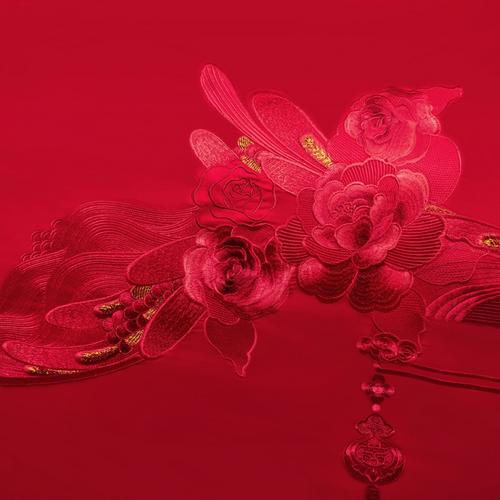 91家纺网 家纺一手货源 找家纺 柏拉图 2025新款100s长绒棉纯棉贡缎提花婚庆系列四件套多件套3 朵朵爱恋红