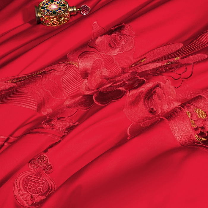 91家纺网 家纺一手货源 找家纺 柏拉图 2025新款100s长绒棉纯棉贡缎提花婚庆系列四件套多件套3 朵朵爱恋红