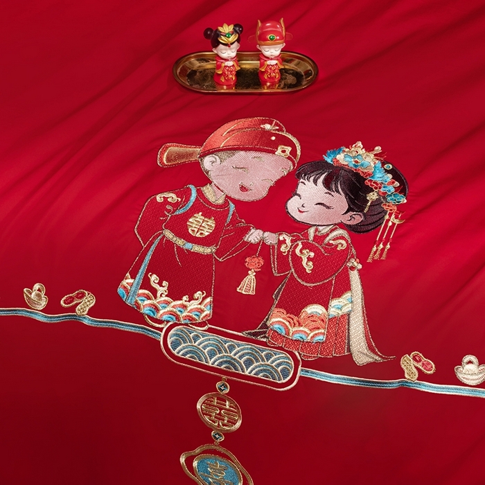 91家纺网 家纺一手货源 找家纺 柏拉图 2025新款100s长绒棉纯棉贡缎提花婚庆系列四件套多件套3 两情相悦