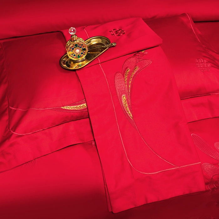 91家纺网 家纺一手货源 找家纺 柏拉图 2025新款100s长绒棉纯棉贡缎提花婚庆系列四件套多件套3 朵朵爱恋红