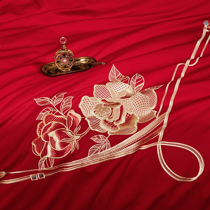 91家纺网 家纺一手货源 找家纺 柏拉图 2025新款100s长绒棉纯棉贡缎提花婚庆系列四件套多件套3 缘定一生