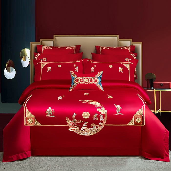 91家纺网 家纺一手货源 找家纺 柏拉图 2025新款100s长绒棉纯棉贡缎提花婚庆系列四件套多件套3 百子旺福