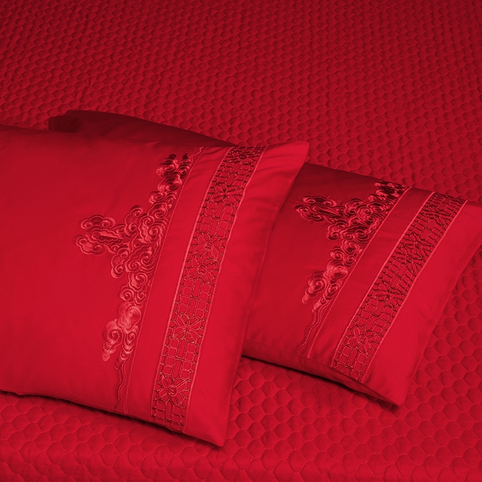 91家纺网 家纺一手货源 找家纺 柏拉图 2025新款100s长绒棉纯棉贡缎提花婚庆系列四件套多件套3 花烛红妆红