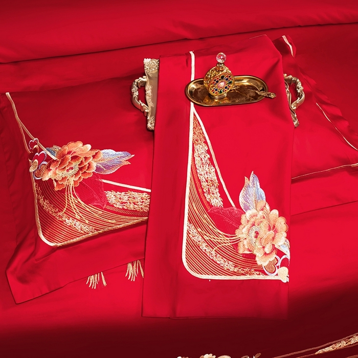 91家纺网 家纺一手货源 找家纺 柏拉图 2025新款100s长绒棉纯棉贡缎提花婚庆系列四件套多件套3 情定花开