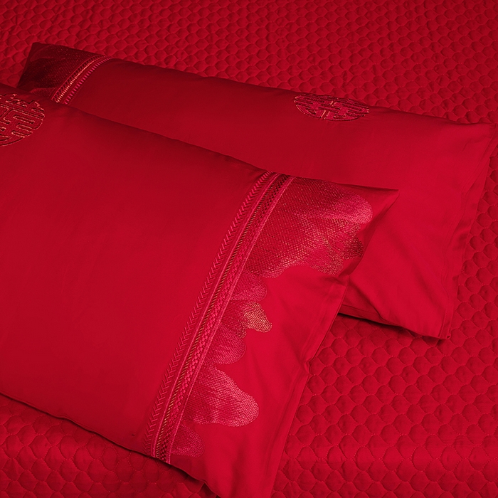 91家纺网 家纺一手货源 找家纺 柏拉图 2025新款100s长绒棉纯棉贡缎提花婚庆系列四件套多件套3 朵朵爱恋红