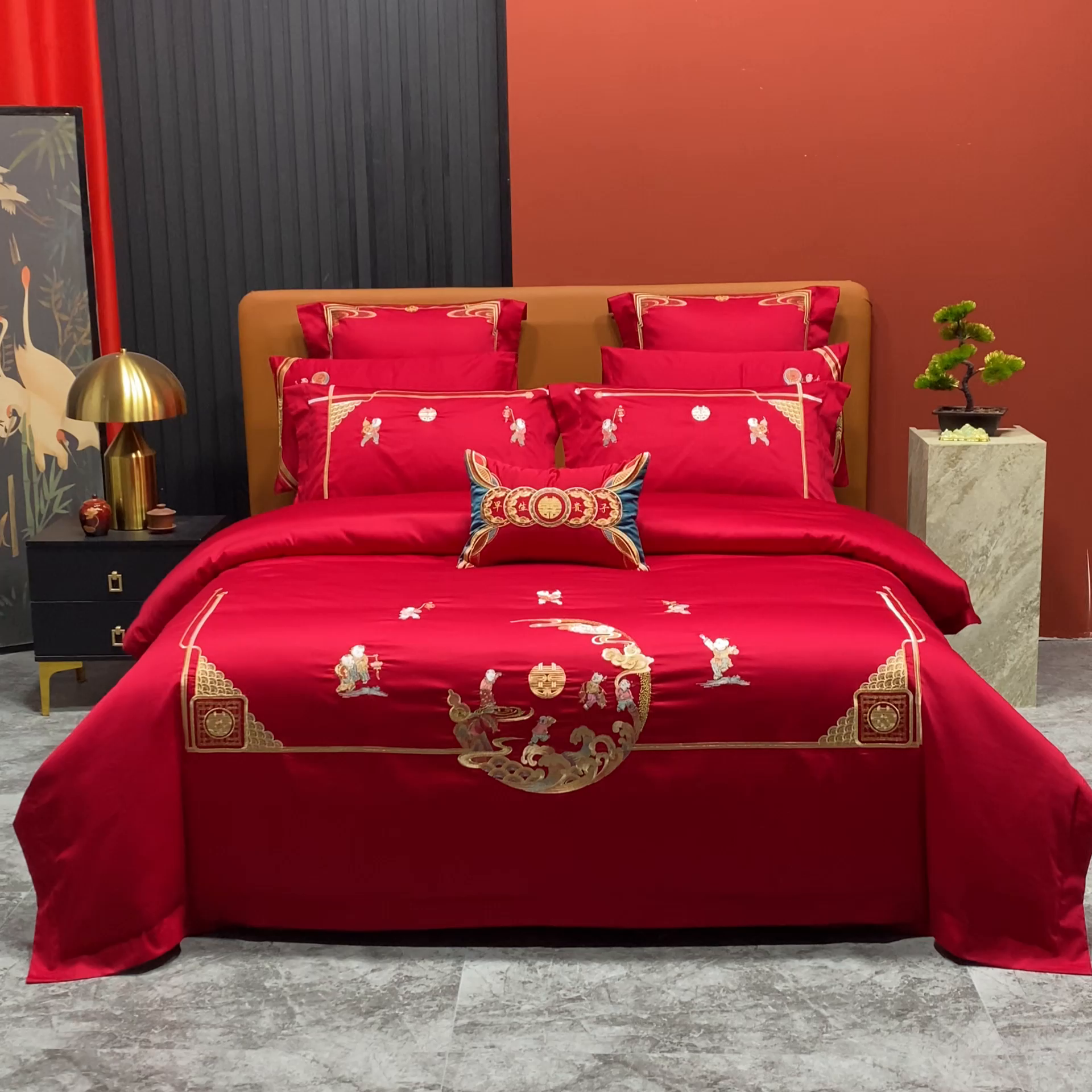 91家纺网 家纺一手货源 找家纺 柏拉图 2025新款100s长绒棉纯棉贡缎提花婚庆系列四件套多件套3 百子旺福