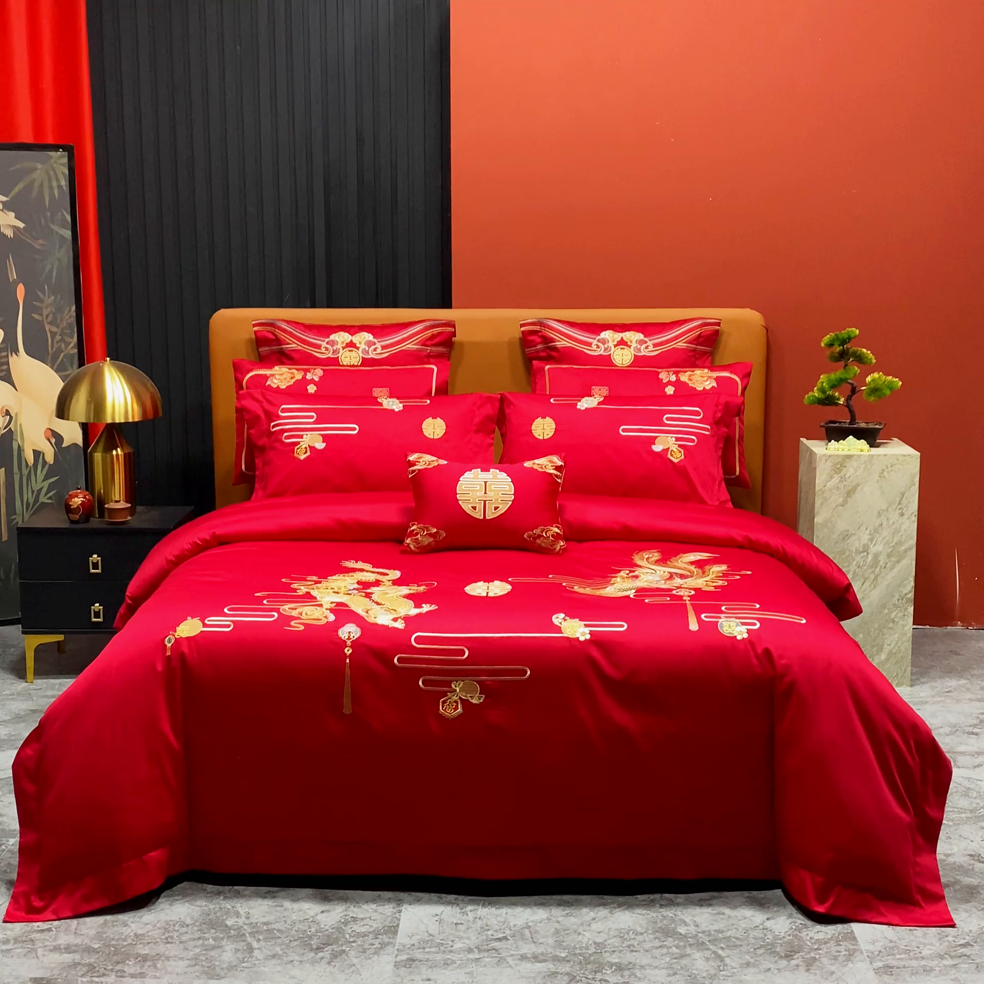 91家纺网 家纺一手货源 找家纺 柏拉图 2025新款100s长绒棉纯棉贡缎提花婚庆系列四件套多件套3 乘龙配凤