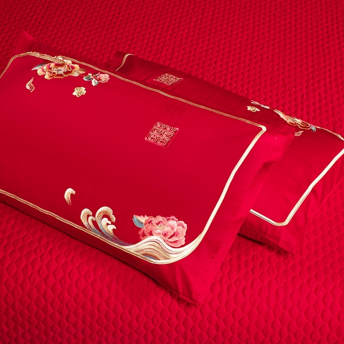 91家纺网 家纺一手货源 找家纺 柏拉图 2025新款100s长绒棉纯棉贡缎提花婚庆系列四件套多件套3 喜事连绵