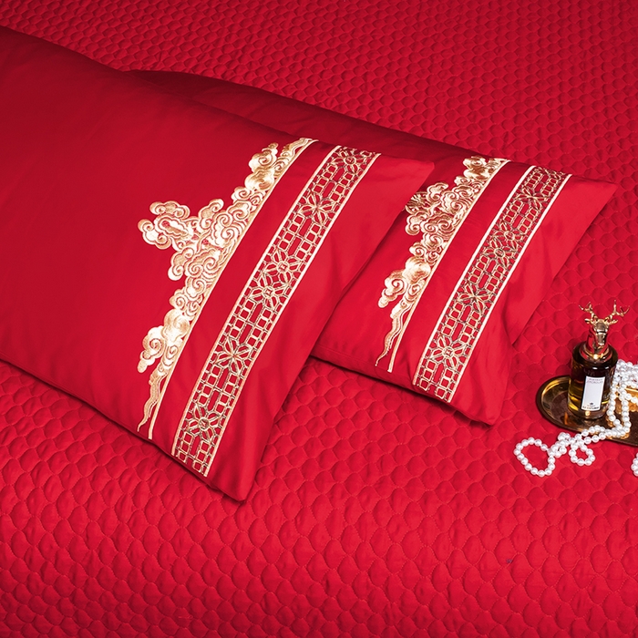 91家纺网 家纺一手货源 找家纺 柏拉图 2025新款100s长绒棉纯棉贡缎提花婚庆系列四件套多件套3 花烛红妆