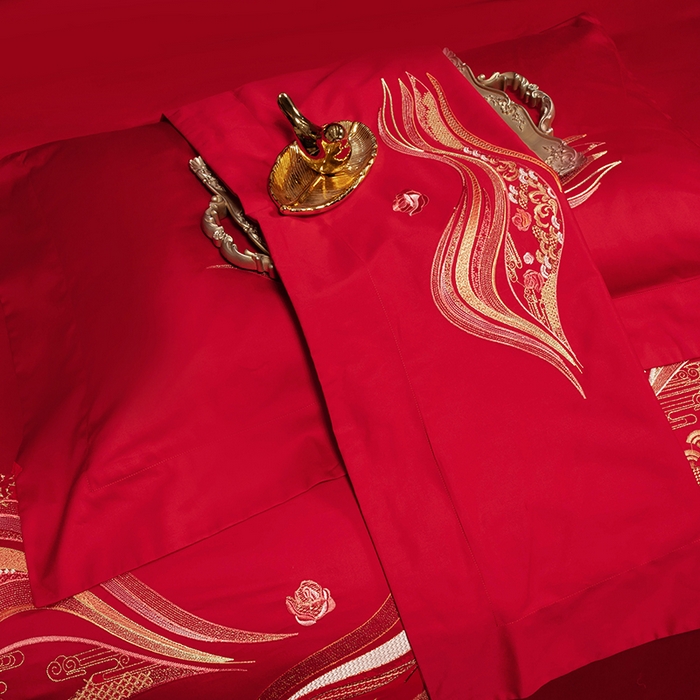 91家纺网 家纺一手货源 找家纺 柏拉图 2025新款100s长绒棉纯棉贡缎提花婚庆系列四件套多件套3 花烛红妆