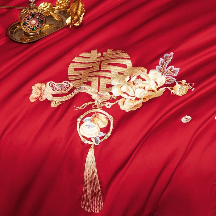 91家纺网 家纺一手货源 找家纺 柏拉图 2025新款100s长绒棉纯棉贡缎提花婚庆系列四件套多件套3 喜事连绵