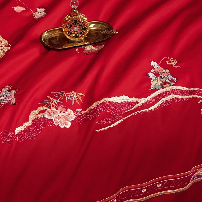 91家纺网 家纺一手货源 找家纺 柏拉图 2025新款100s长绒棉纯棉贡缎提花婚庆系列四件套多件套3 快乐天使