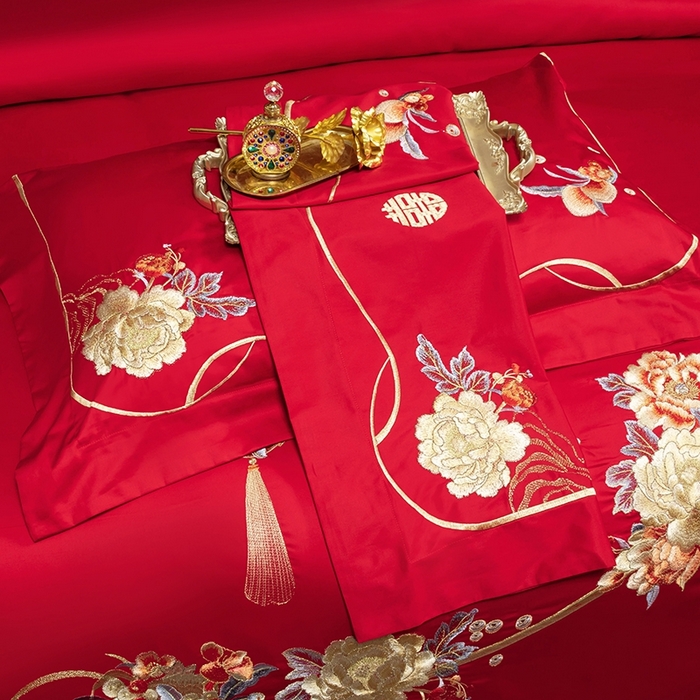 91家纺网 家纺一手货源 找家纺 柏拉图 2025新款100s长绒棉纯棉贡缎提花婚庆系列四件套多件套3 喜事连绵