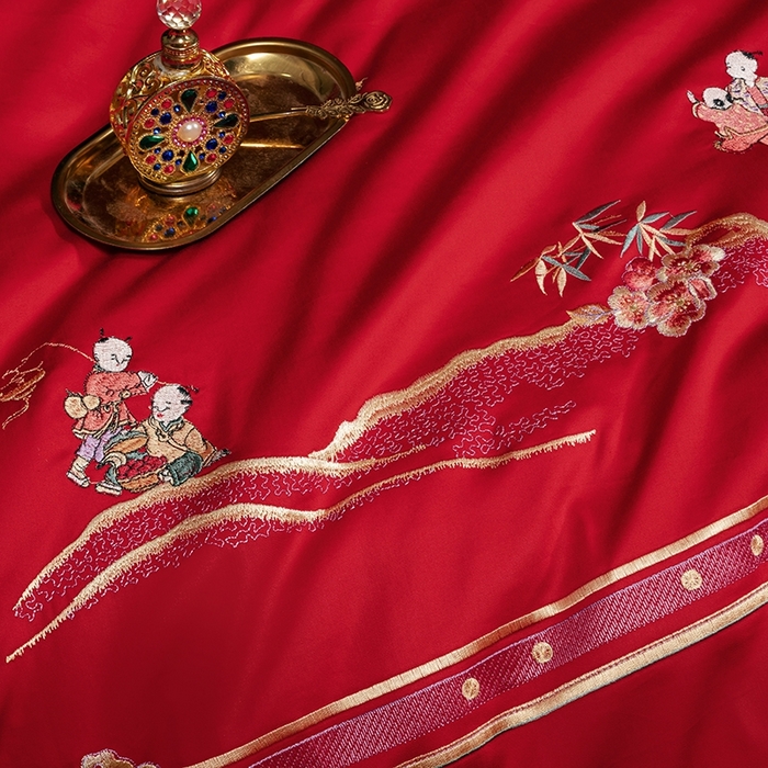 91家纺网 家纺一手货源 找家纺 柏拉图 2025新款100s长绒棉纯棉贡缎提花婚庆系列四件套多件套3 快乐天使